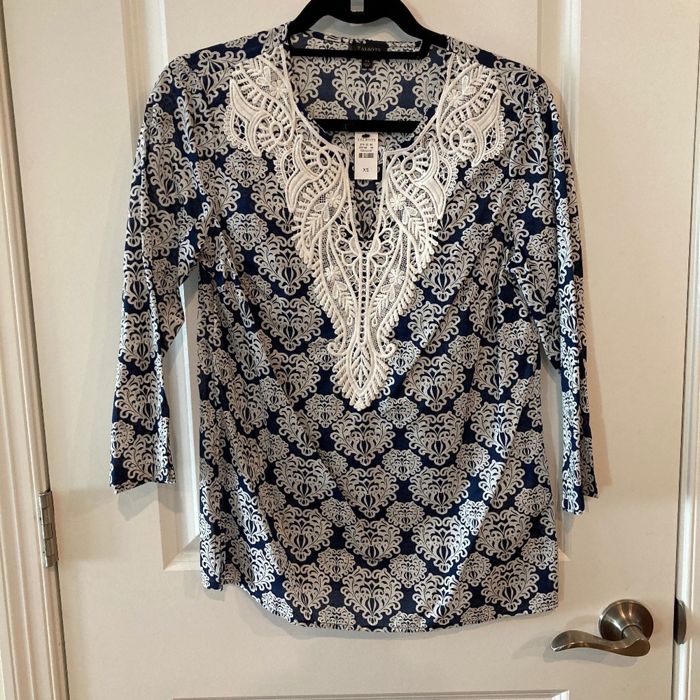 Talbots blue and white lace collared tunic.